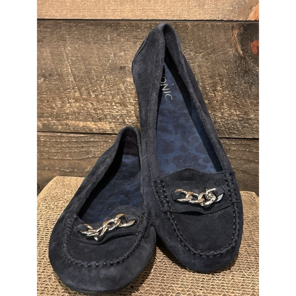 Vionic Mesa Slip On Leather Loafers 8 Womens Dark Navy Blue Orthopedic Suede
